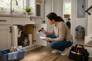 Woman crouching and inspecting pipes under kitchen sink using flashlight and notebook