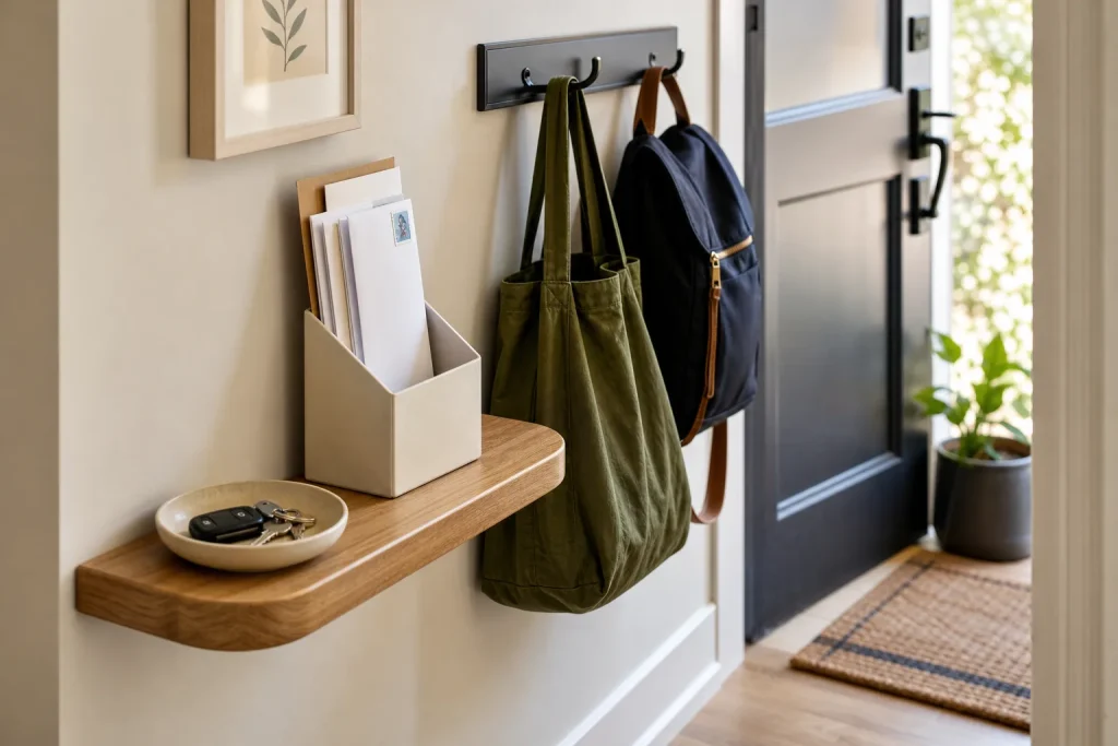 Wall-mounted organizer with keys, mail holder, bags hanging, and an open door with a plant nearby