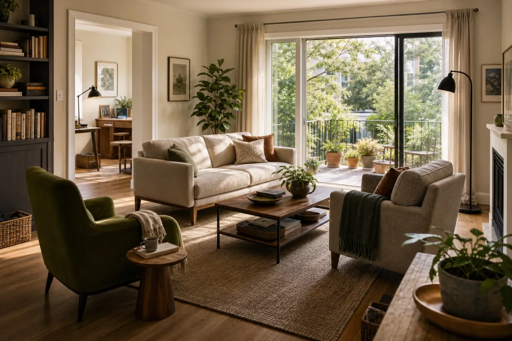 Living room with beige sofas, green armchair, wooden coffee table, and sliding glass door to balcony